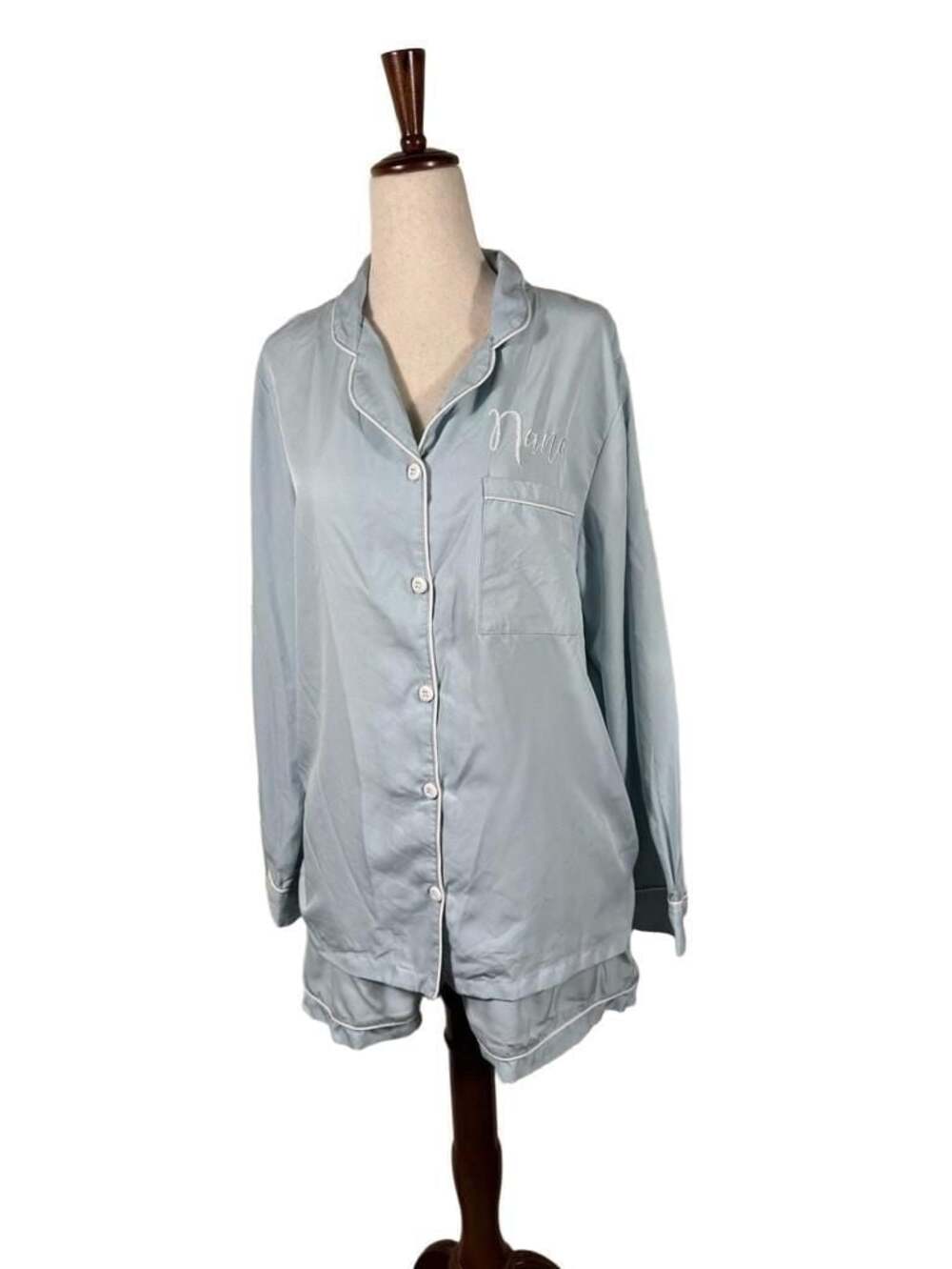 Light Blue Satin Long Sleeve Pajama Set with Nana Embroidery h1191